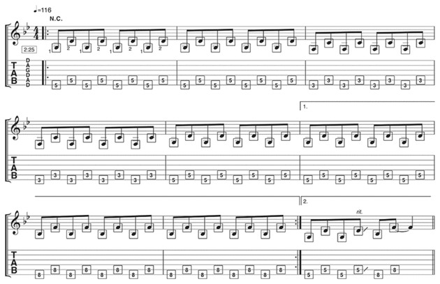 Example 1: This example is the basic bass line that Kaki uses as the basis of all the other examples. The squares around the notes denote that you should play the notes by hammering your fingers on the neck - you don’t pick them.